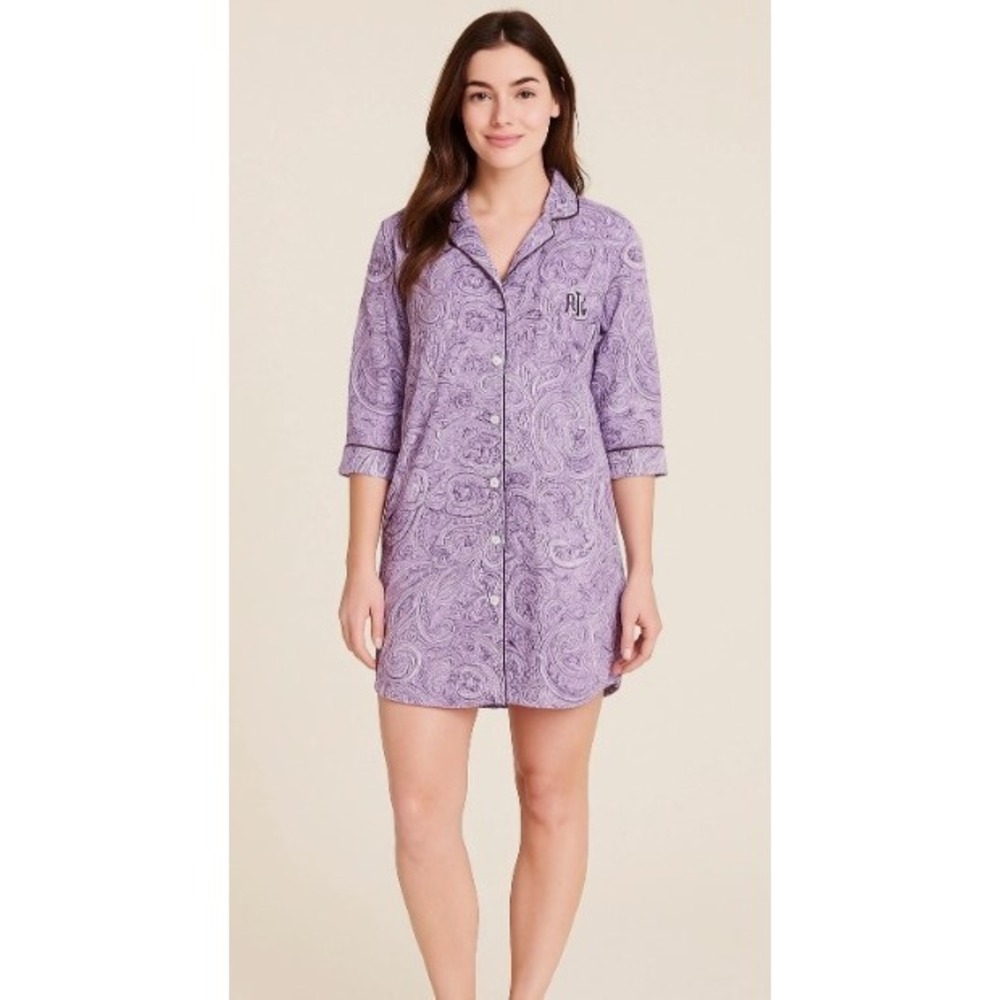Lauren Ralph Lauren L Purple Paisley Button Up Sleep Preppy Logo Lounge‎ Pajamas
